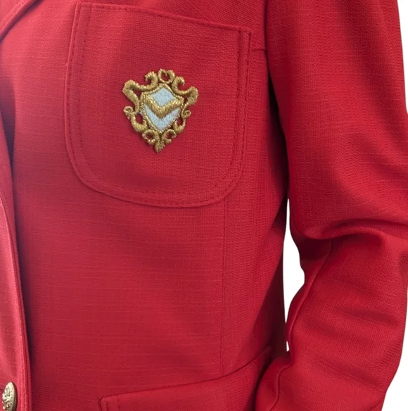 Vintage Smug Red Double Breasted Blazer Coat Gold Crest Buttons Preppy 70s Mod - Picture 8 of 9